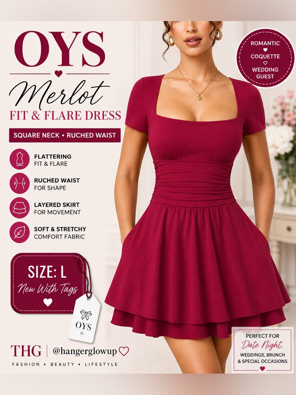 OYS Square Neck Fit & Flare Mini Dress Merlot NWT